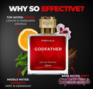 Red Rishaa Godfather perfume bottle with floral and fruit elements on a dark background