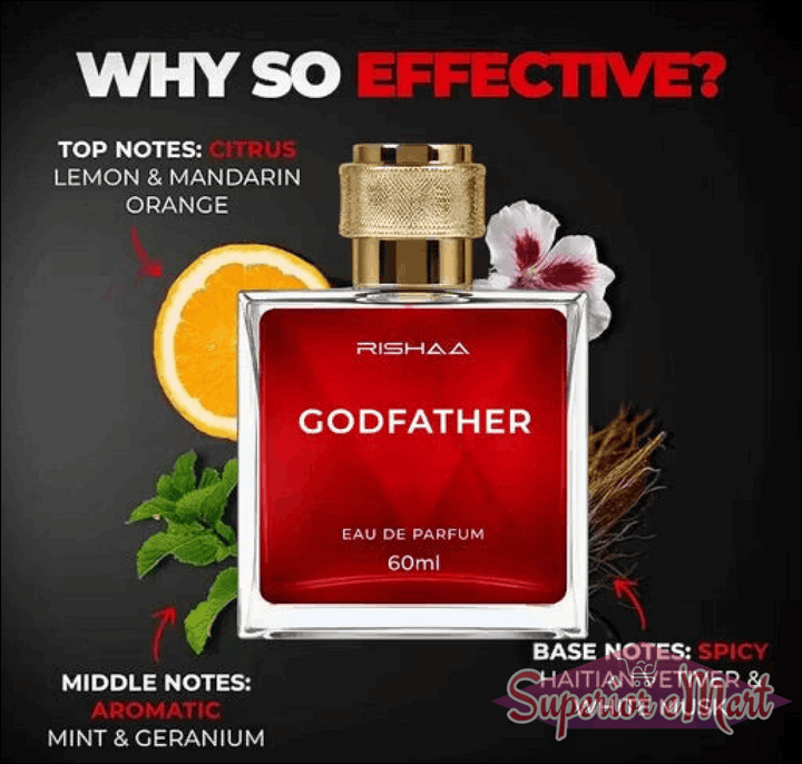 Red Rishaa Godfather perfume bottle with floral and fruit elements on a dark background