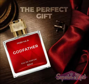 Red Rishaa Godfather perfume bottle with gold cap on a dark surface with red ribbon