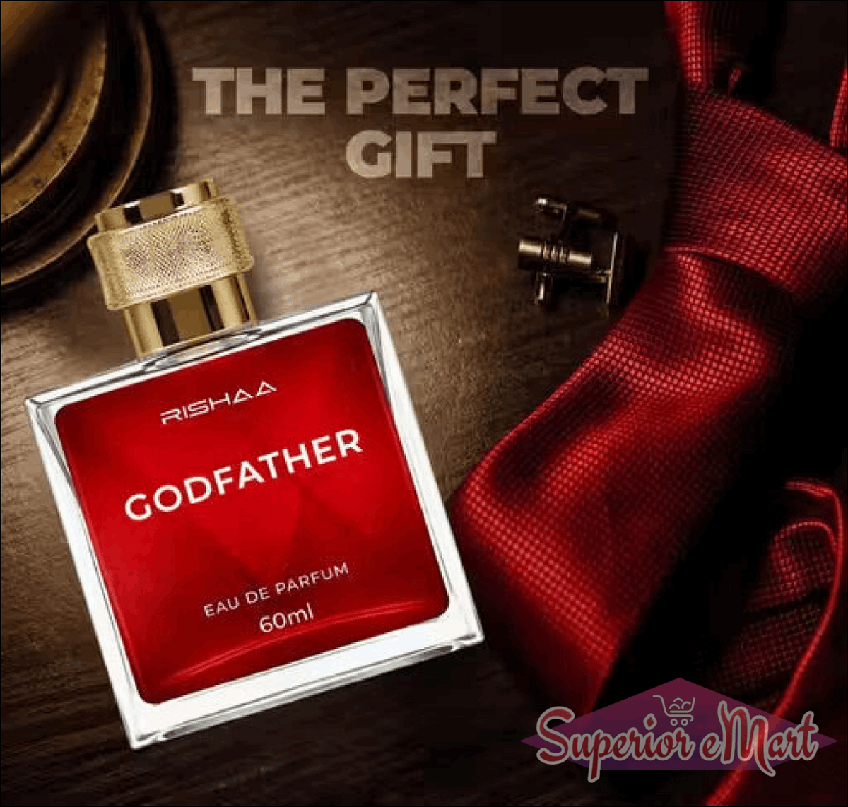 Red Rishaa Godfather perfume bottle with gold cap on a dark surface with red ribbon