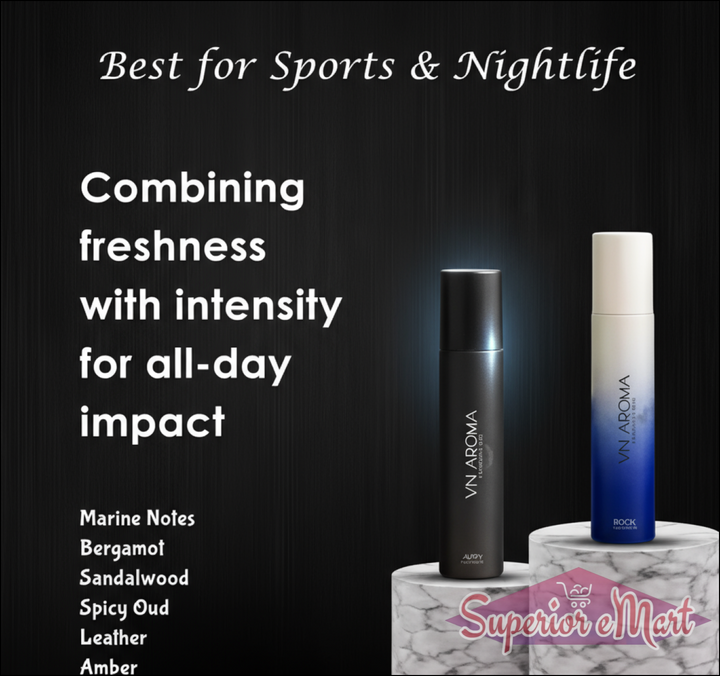 Long lasting deodorant combo pack featuring two fragrances with marine notes and spicy oud for all-day freshness