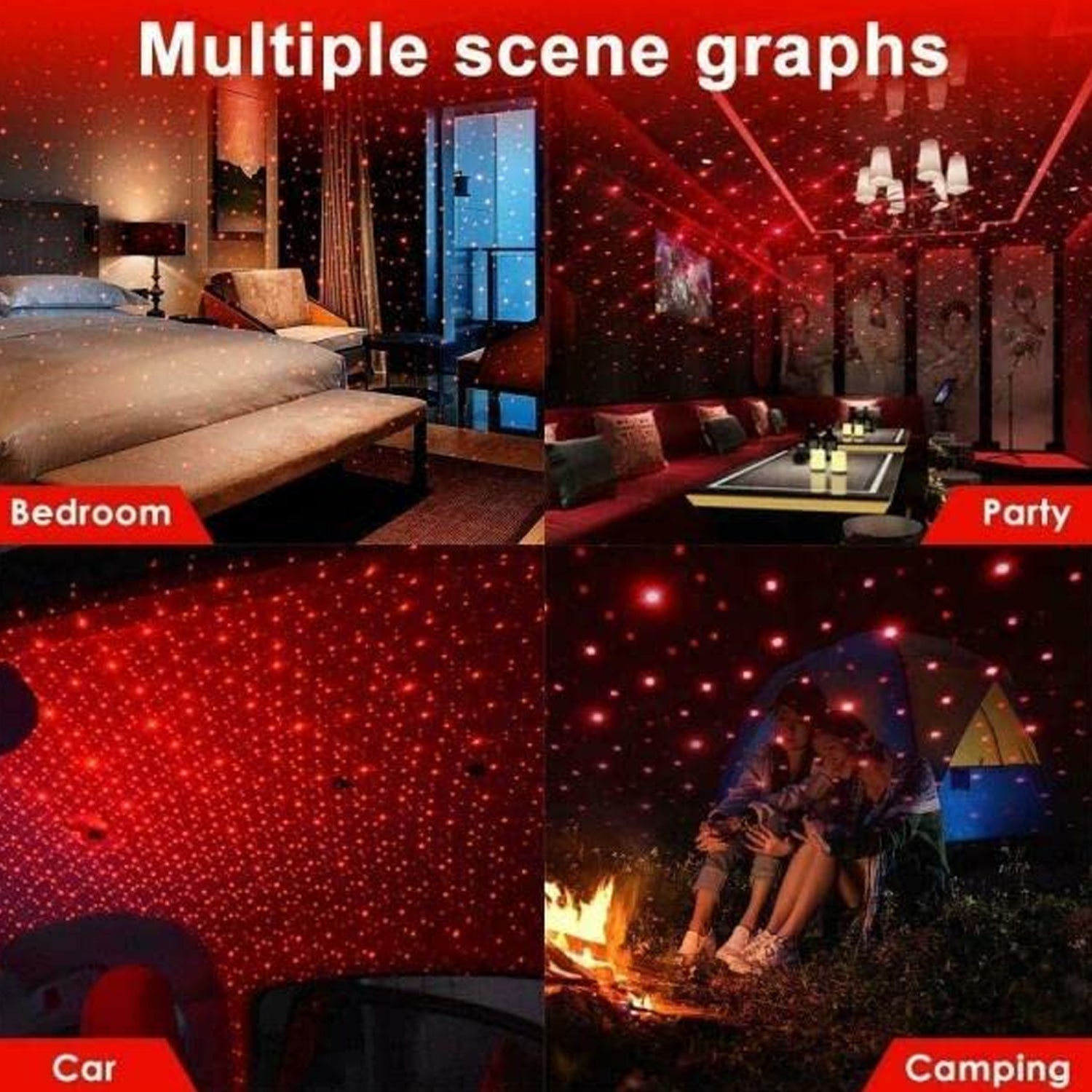 Multiple scene graphs showing romantic car ceiling lights in a car, bedroom, and camping setup
