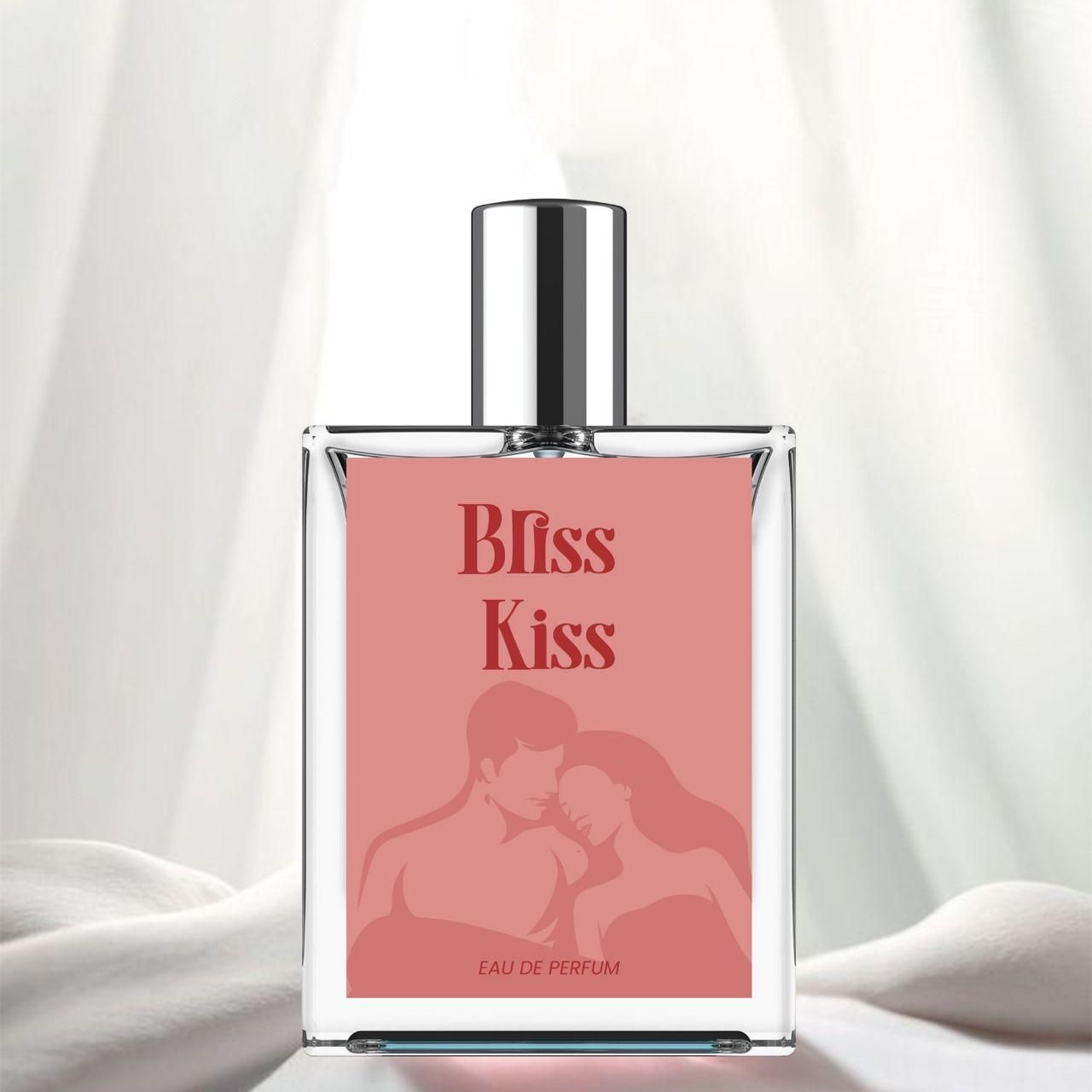 Bliss Kiss Romantic Kiss Perfume bottle with a romantic couple silhouette design