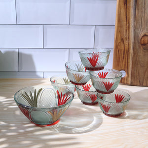 Rose glass dessert bowl set featuring elegant floral designs, perfect for serving desserts