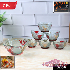 Rose glass dessert bowl set with seven pieces featuring elegant floral designs for serving and decoration