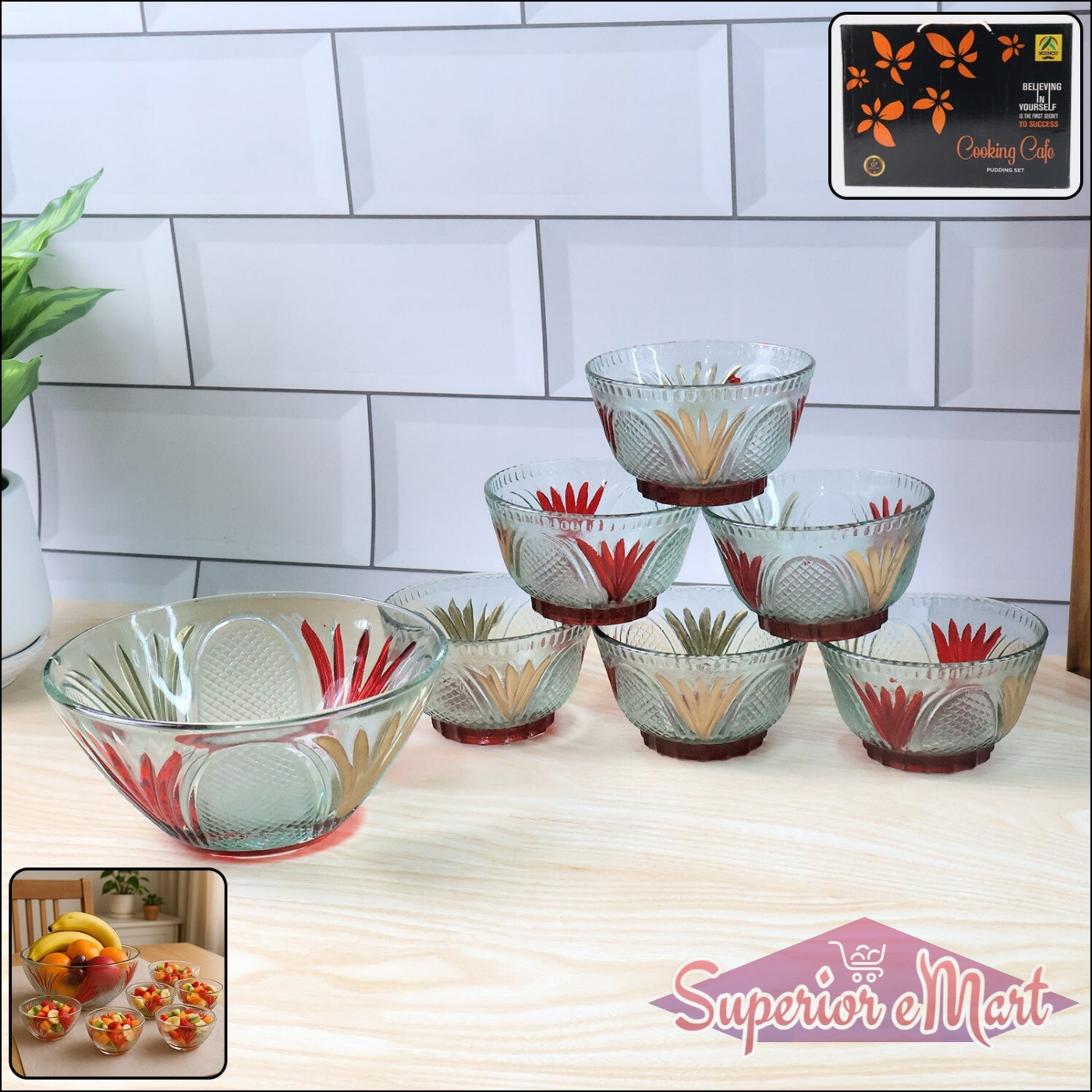 Rose glass dessert bowl set featuring vibrant floral designs, perfect for serving desserts and snacks