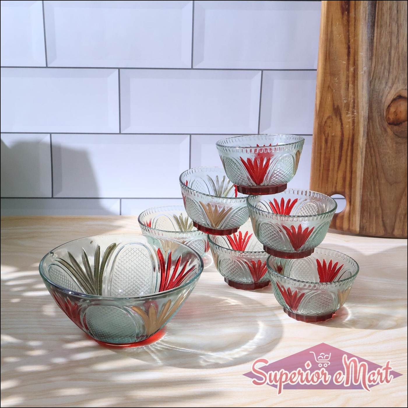 Rose glass dessert bowl set featuring elegant floral designs, perfect for serving desserts