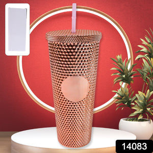 Superior eMart rose gold studded tumbler with straw and textured design for home and kitchen use