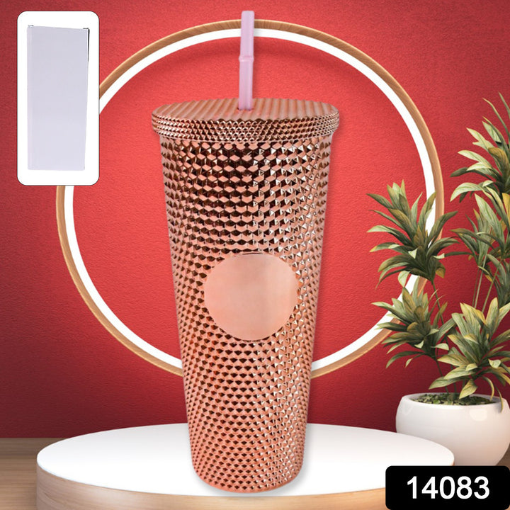 Superior eMart rose gold studded tumbler with straw and textured design for home and kitchen use