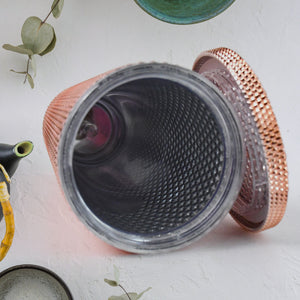 Superior eMart studded tumbler with straw in rose gold showing textured interior and lid