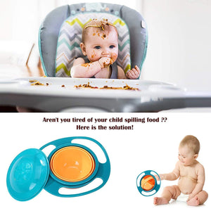 Rotating baby bowl in blue and orange design, perfect for reducing spills during mealtime