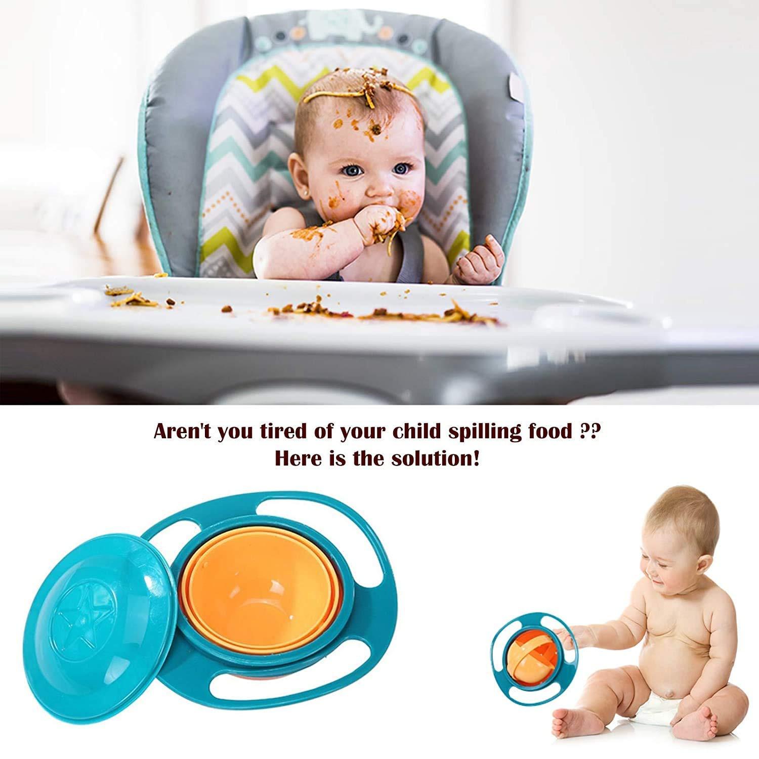 Rotating baby bowl in blue and orange design, perfect for reducing spills during mealtime