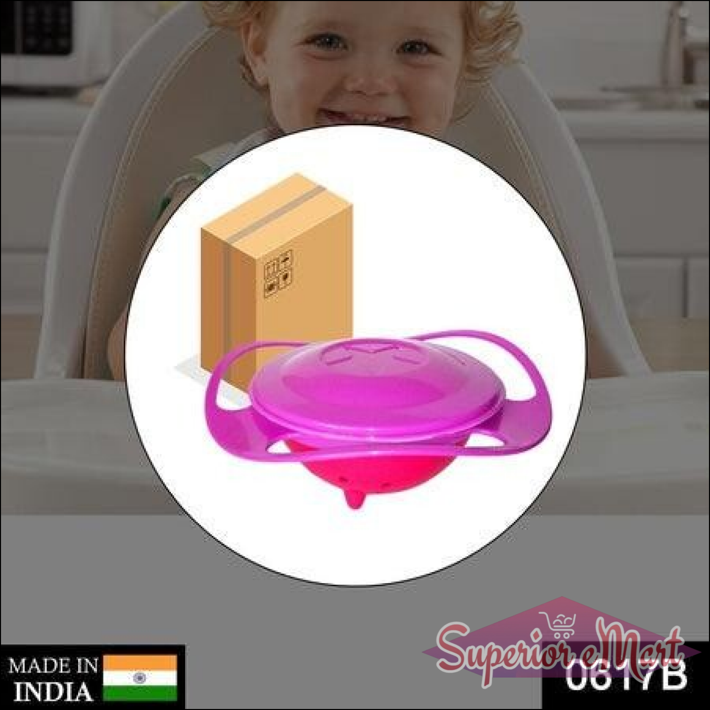 Superior eMart rotating baby bowl in pink for mess-free mealtime with easy grip handles