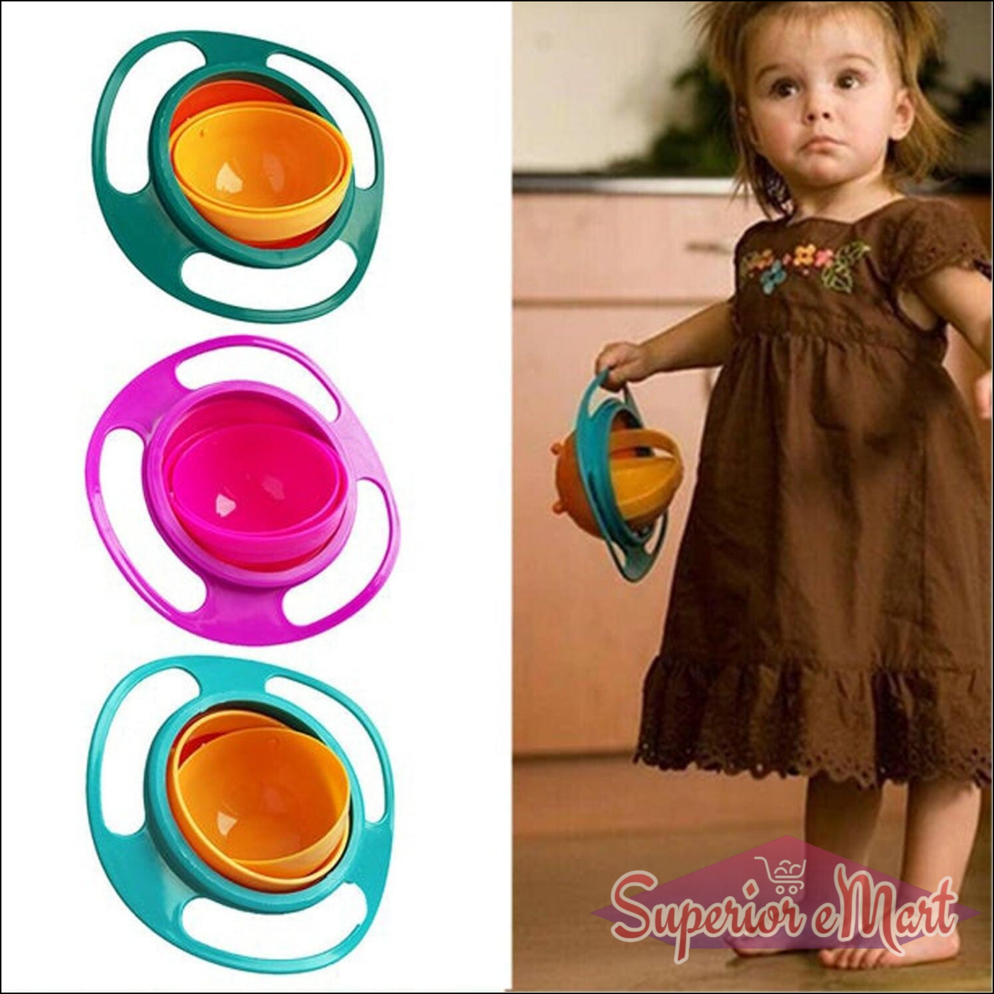 Brightly colored rotating baby bowl set designed to enhance mealtime fun and reduce spills