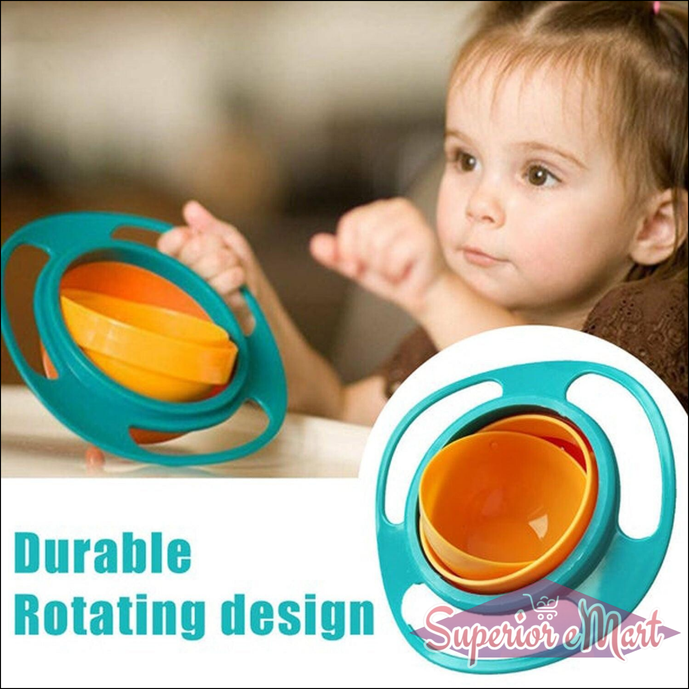 Durable rotating baby bowl designed for easy handling and mess-free feeding for infants