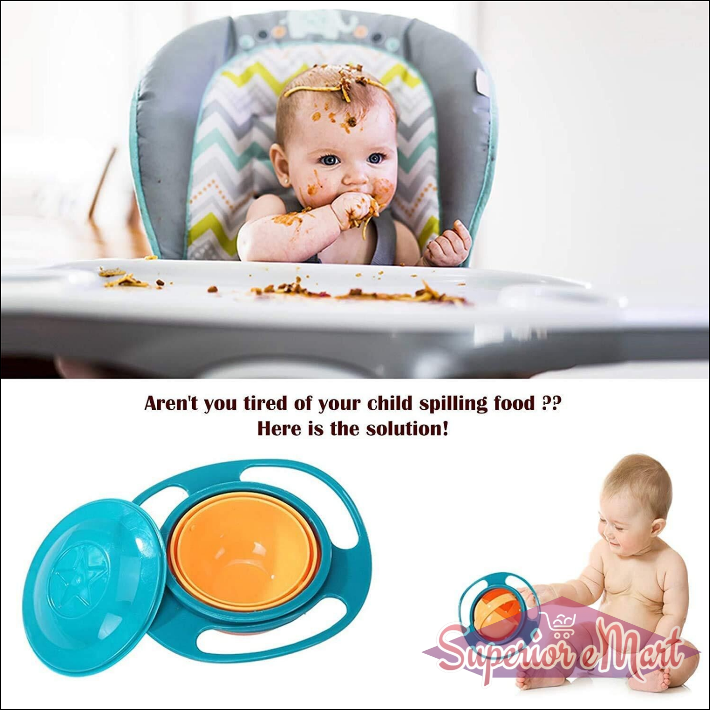 Rotating baby bowl in blue and orange design, perfect for reducing spills during mealtime