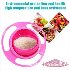 Rotating baby bowl in pink with food compartment, featuring high temperature and heat resistance