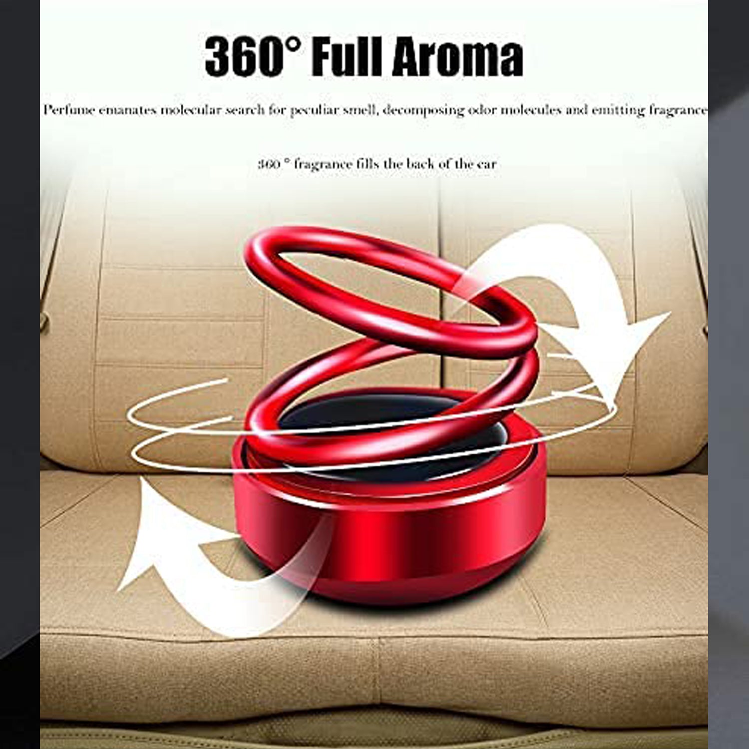 Rotating car air freshener in red, designed for 360-degree aroma distribution for a refreshing car interior