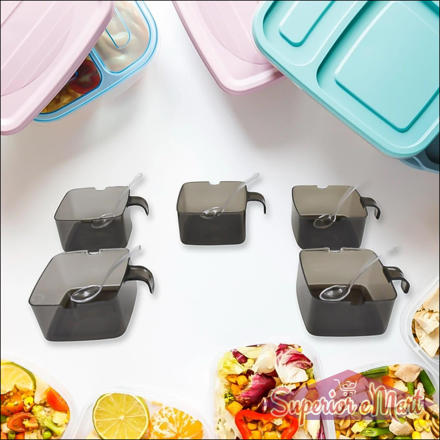 Rotating spice jars set with clear lids for organized kitchen storage and easy access