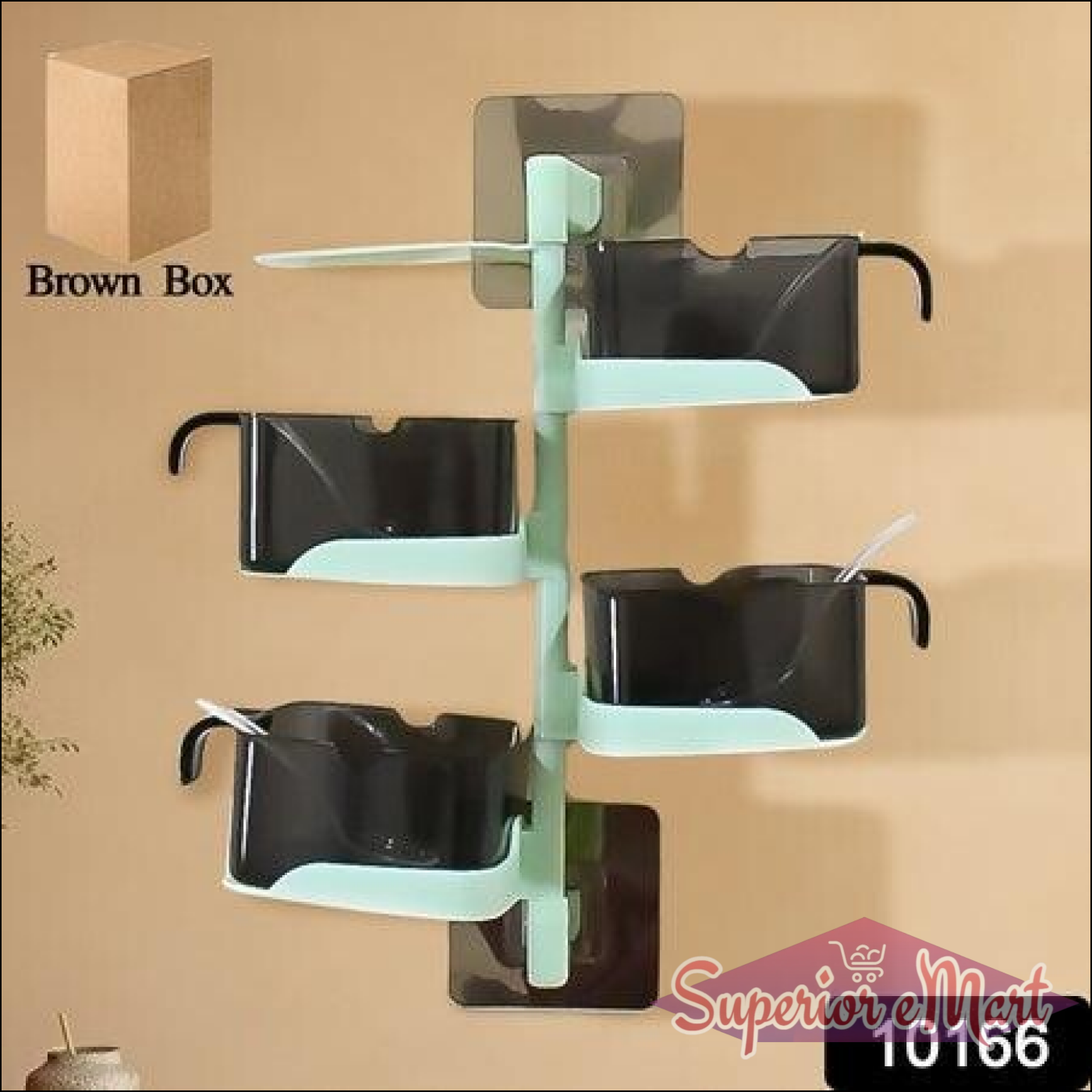 Rotating spice jars set mounted on a wall for easy access and organization in the kitchen