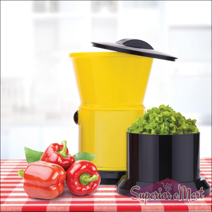 Superior eMart chilly cutter with sharp blades in yellow, ideal for chopping vegetables quickly and easily