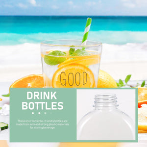 Round clear storage container drink bottle with citrus slices and green straw on the beach