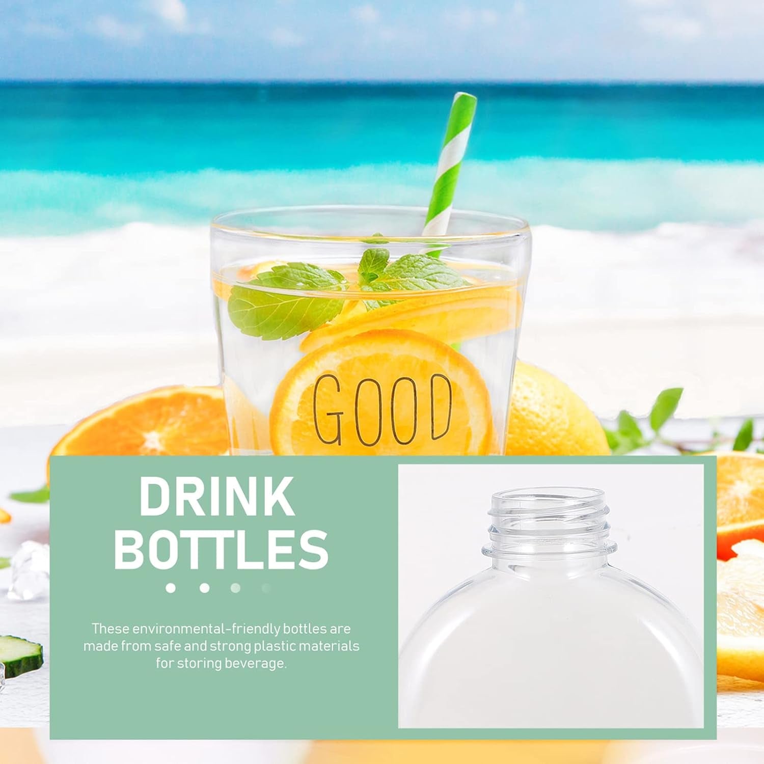 Round clear storage container drink bottle with citrus slices and green straw on the beach