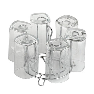 Modern round glass holder for kitchen, featuring six clear glass cups in a metal stand