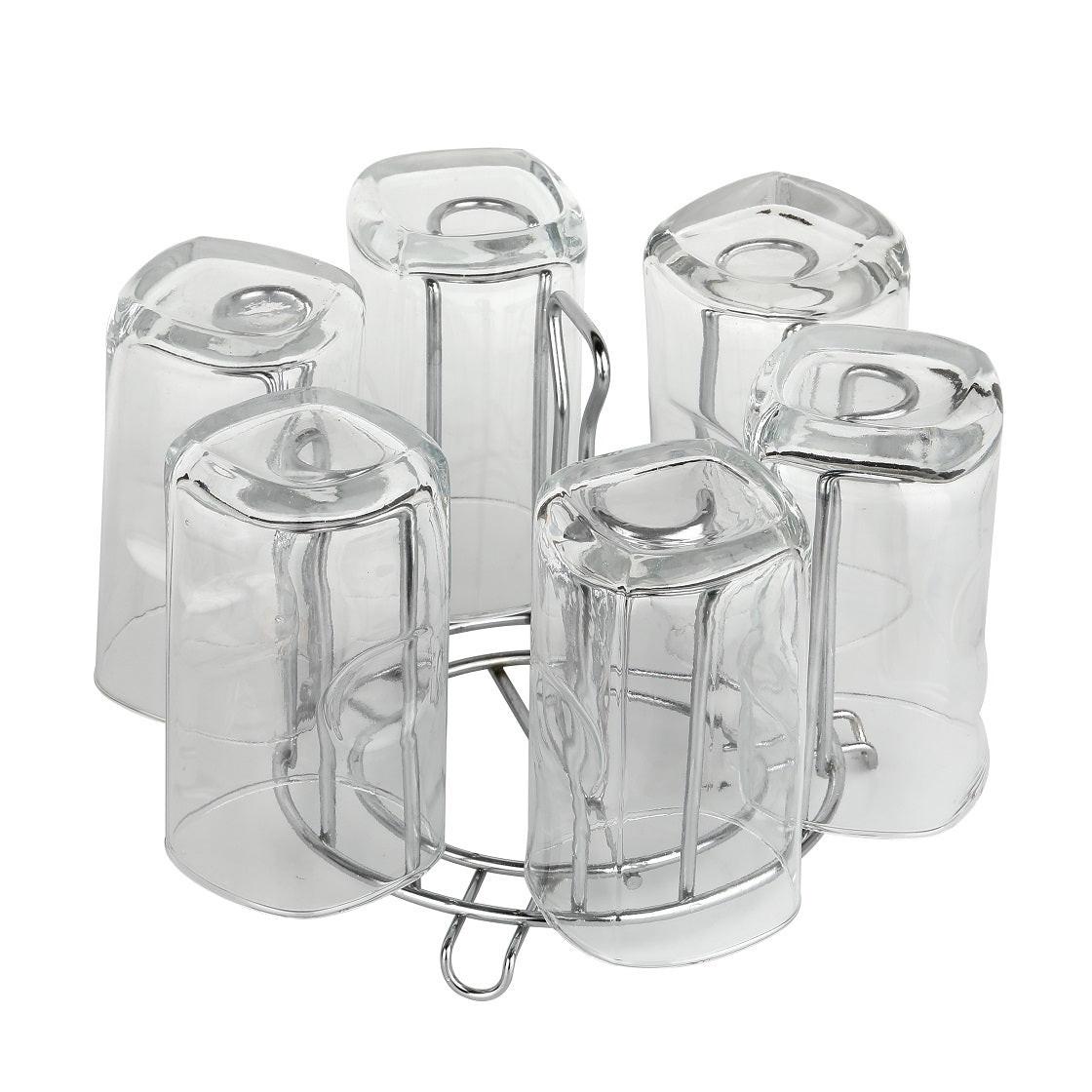 Modern round glass holder for kitchen, featuring six clear glass cups in a metal stand
