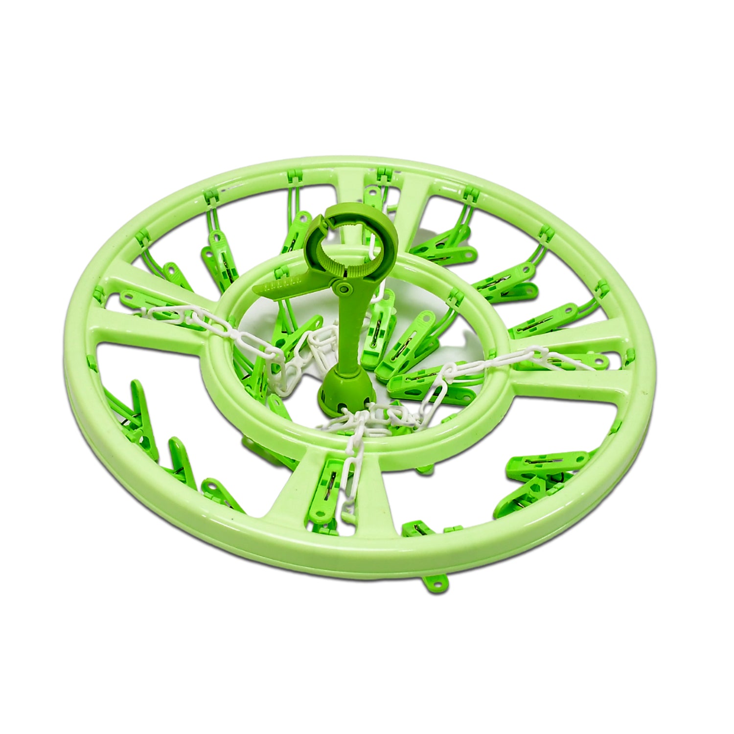 Green round hanger with clips for baby care laundry drying and organizing clothes efficiently