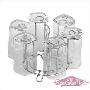 Modern round glass holder for kitchen, featuring six clear glass cups in a metal stand