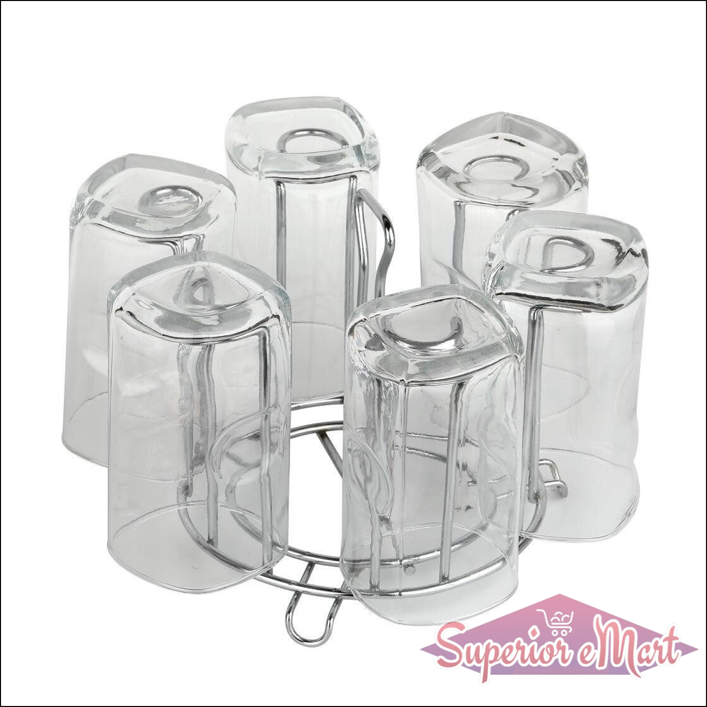 Modern round glass holder for kitchen, featuring six clear glass cups in a metal stand