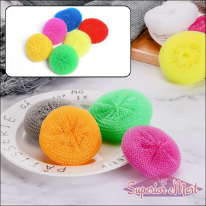 Colorful nylon scrubbers for dishes in various colors on a white plate for effective cleaning