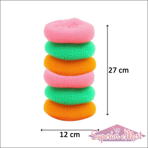 Set of colorful nylon scrubbers for dishes stacked together, ideal for effective cleaning