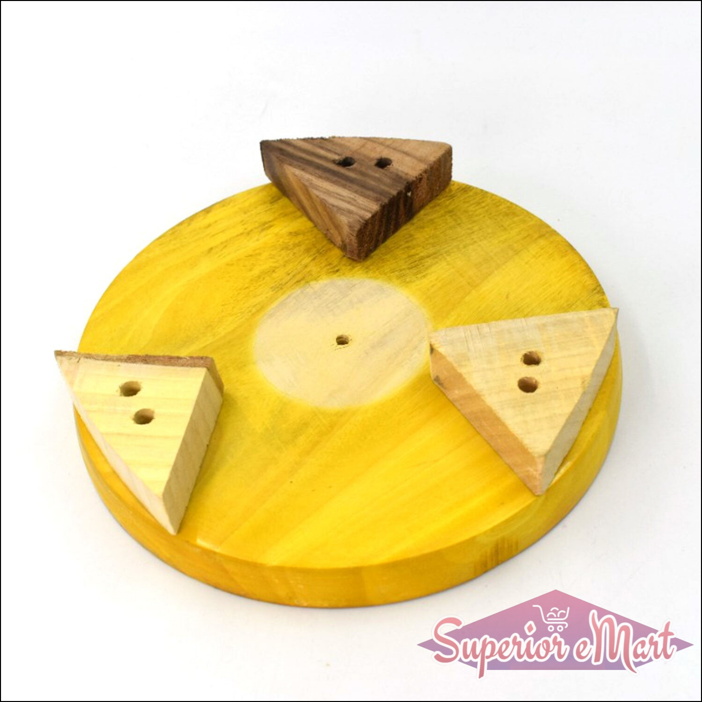 Round roti maker for home use with a wooden base and triangle-shaped handles for easy pressing