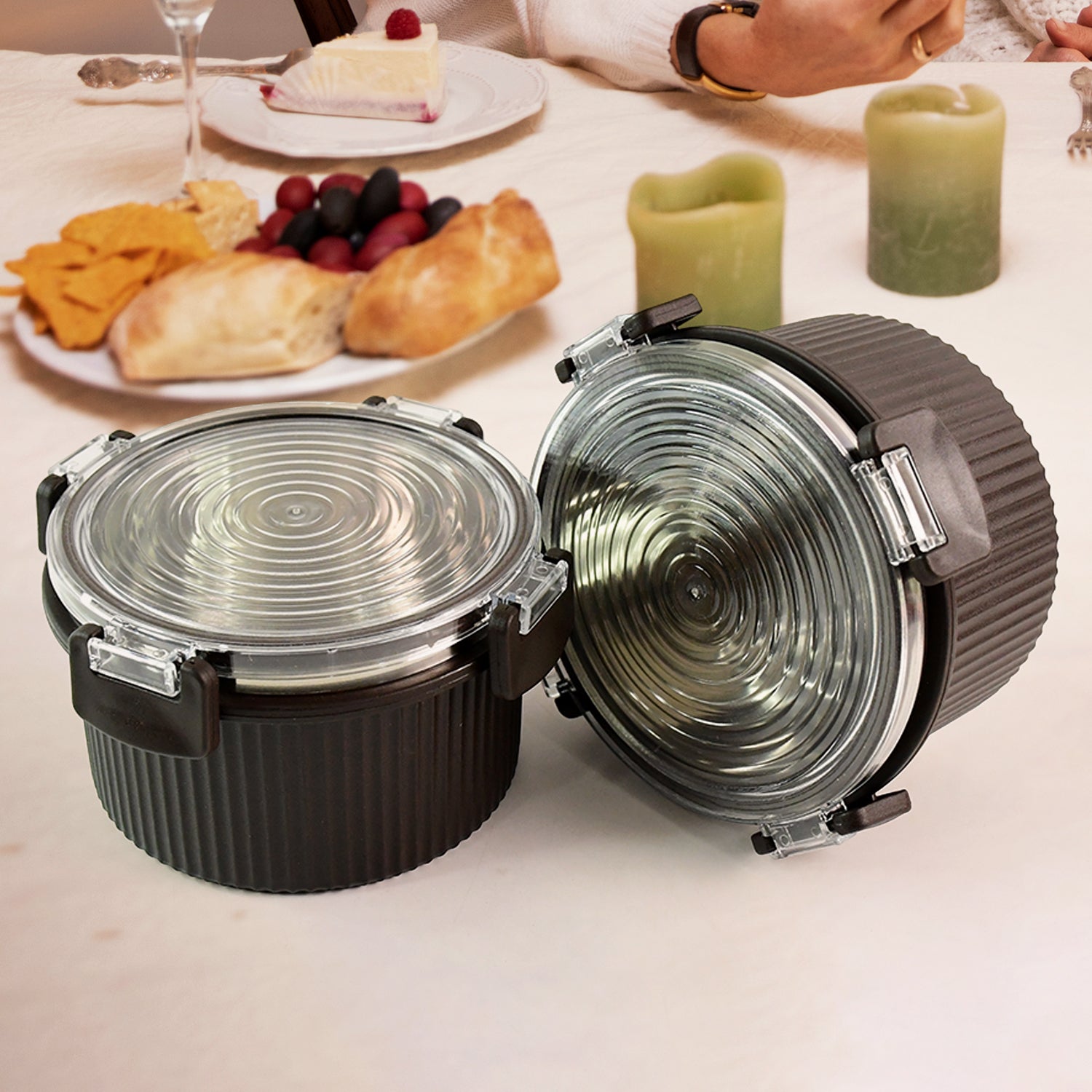 Superior eMart rustic jar set 450ml with clear airtight lids and ribbed dark brown bases on kitchen table