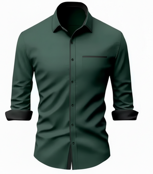 Green shirt with black collar and cuffs on a white background
