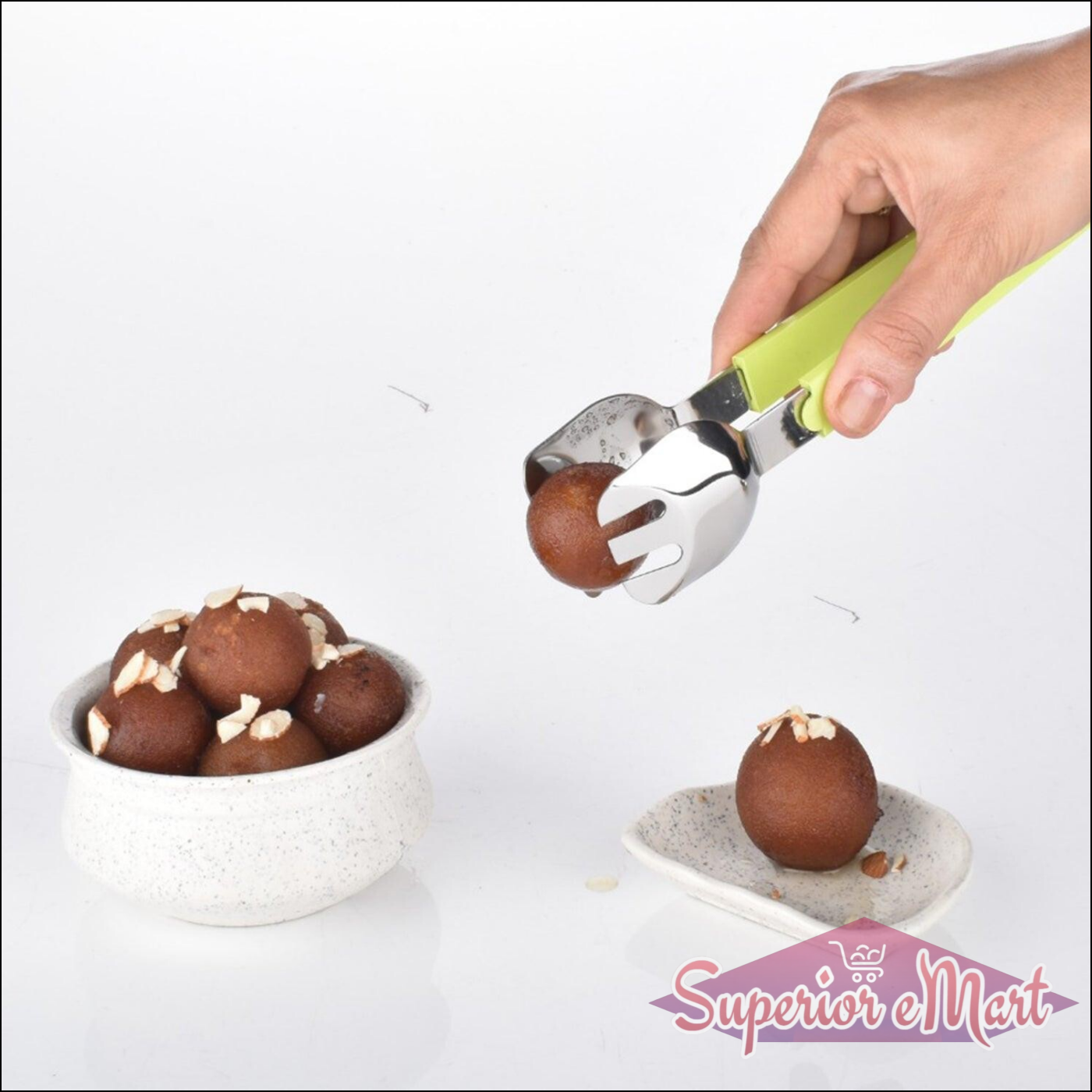 Bright green salad serving tongs lifting a sweet treat from a bowl for easy serving