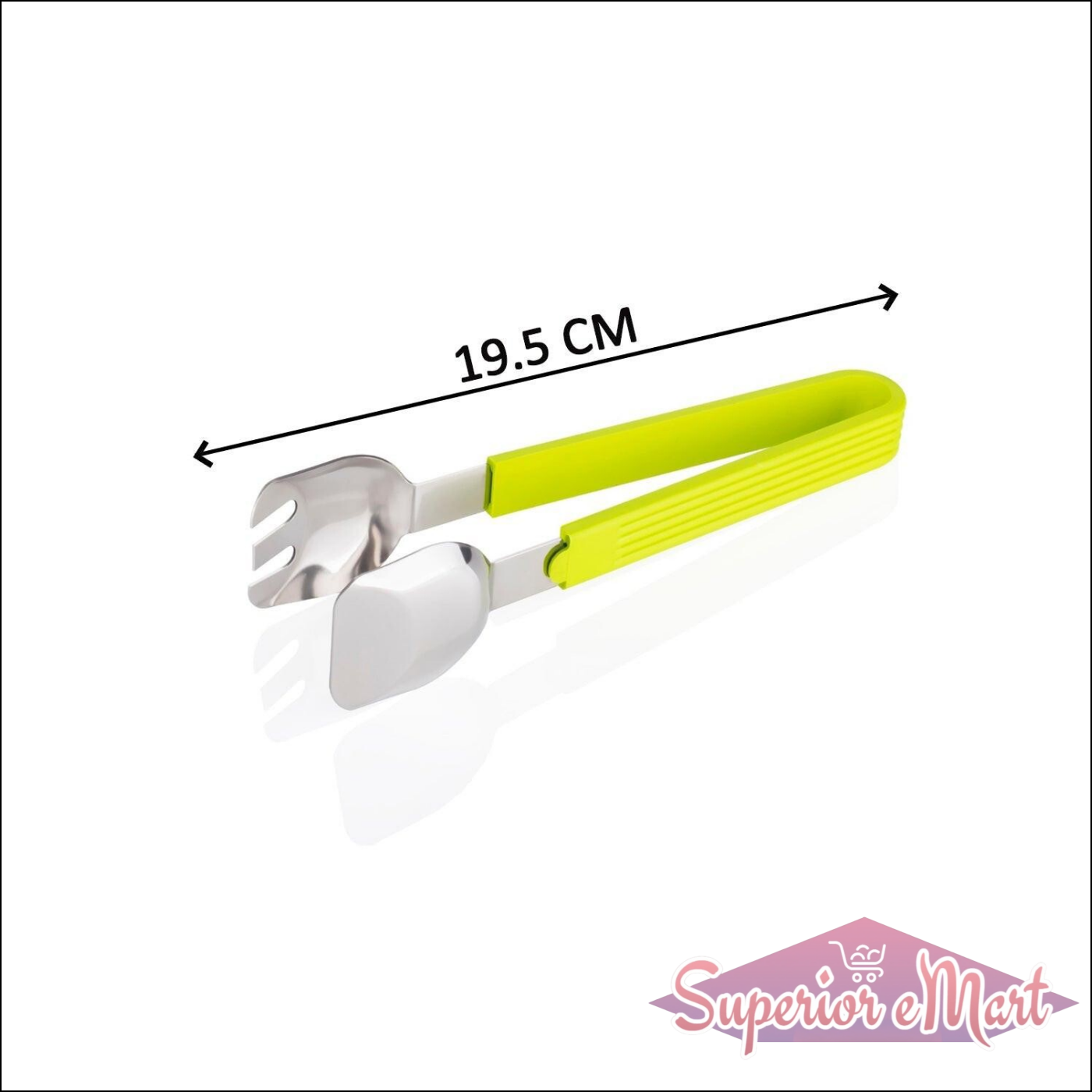 Superior eMart salad serving tongs with a vibrant green handle and stainless steel ends, measuring 19.5 cm