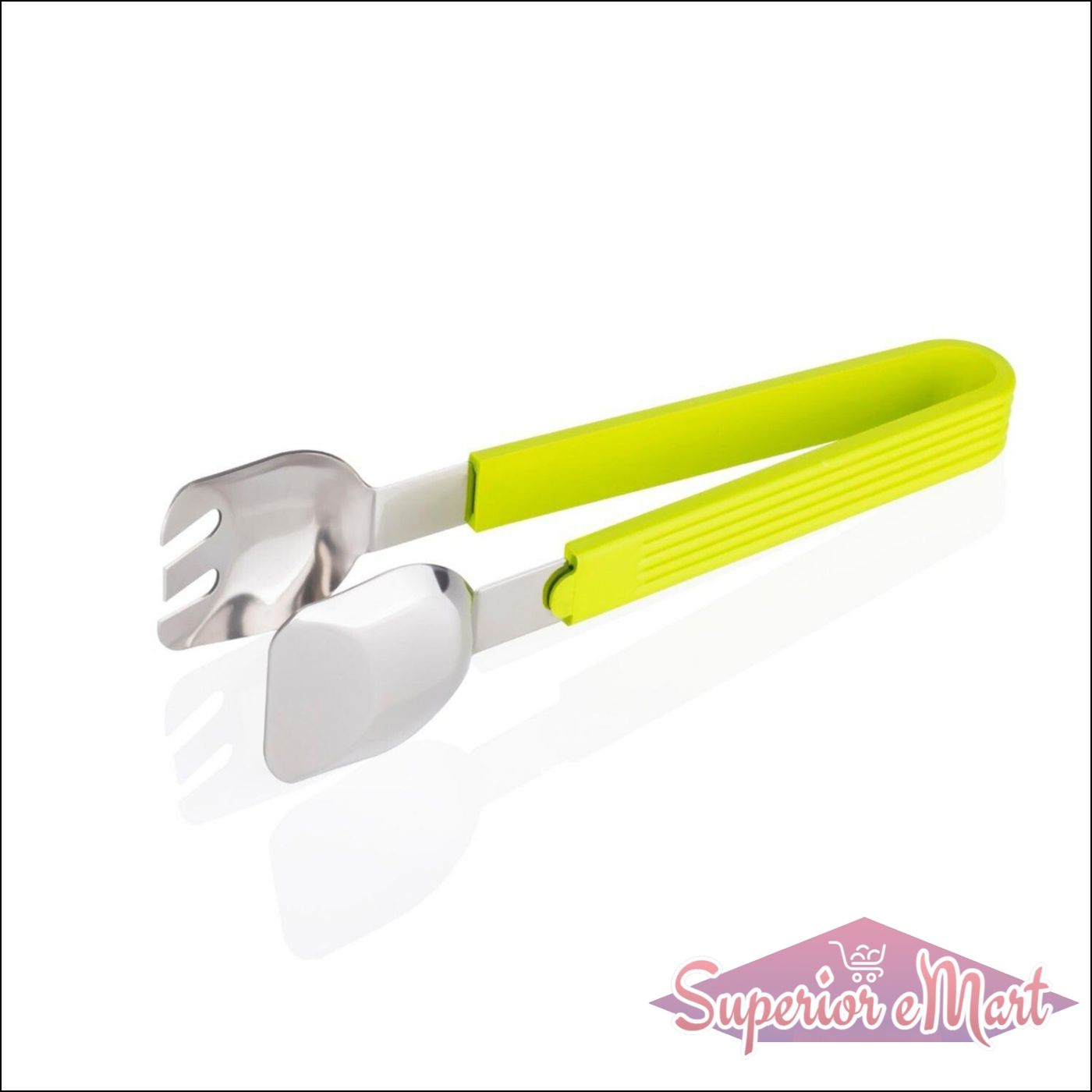 Bright green salad serving tongs with stainless steel heads for easy serving of salads