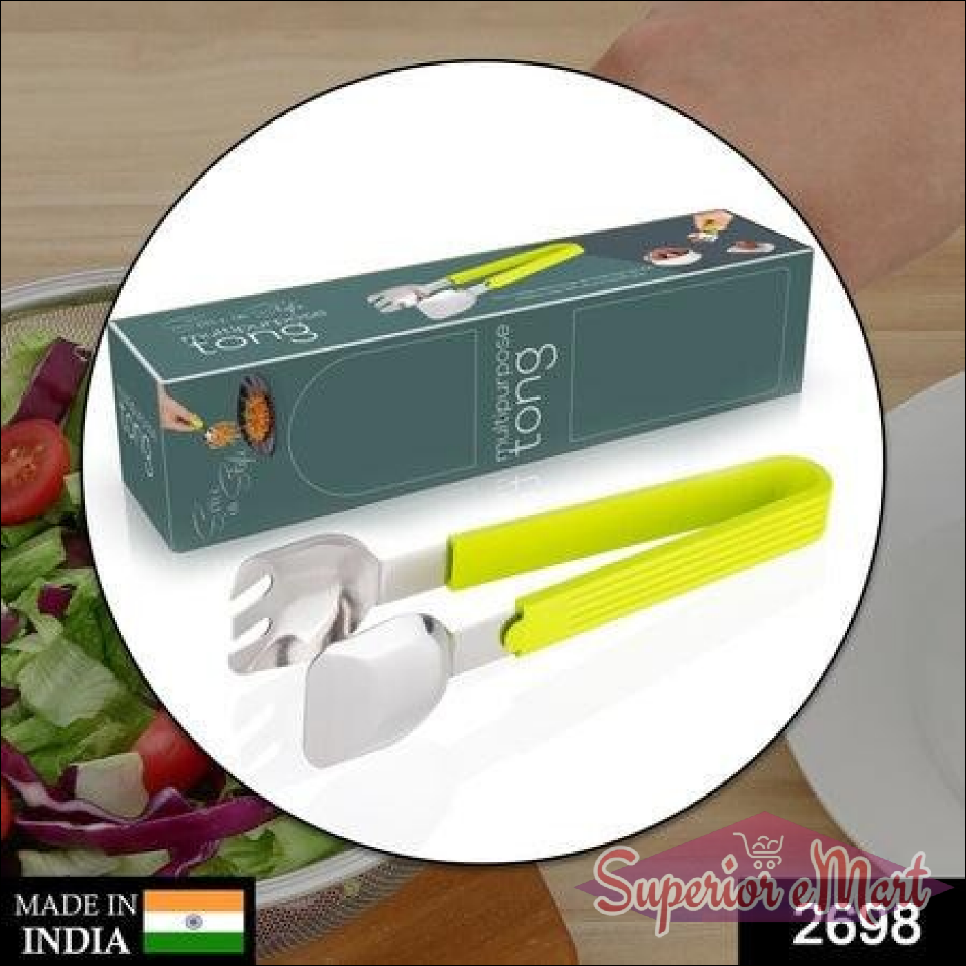 Superior eMart salad serving tongs with stainless steel and vibrant green handles for easy serving