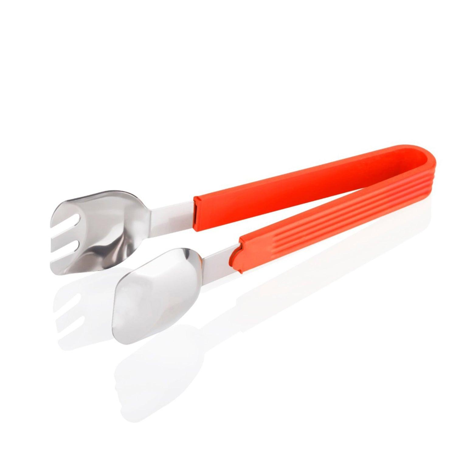 Durable salad serving tongs with stainless steel head and bright red silicone handle for easy grip