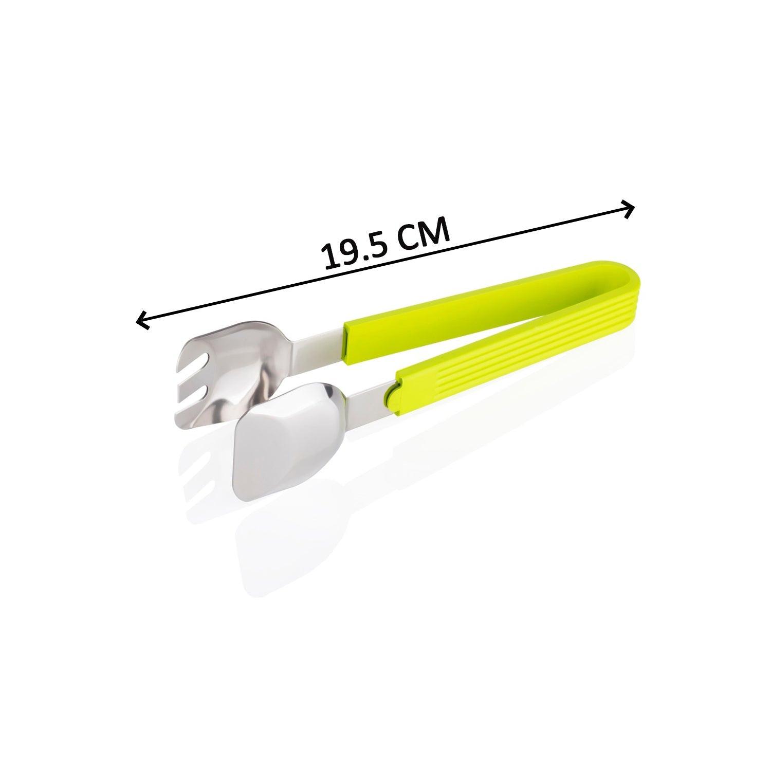 Superior eMart salad serving tongs with a vibrant green handle and stainless steel ends, measuring 19.5 cm