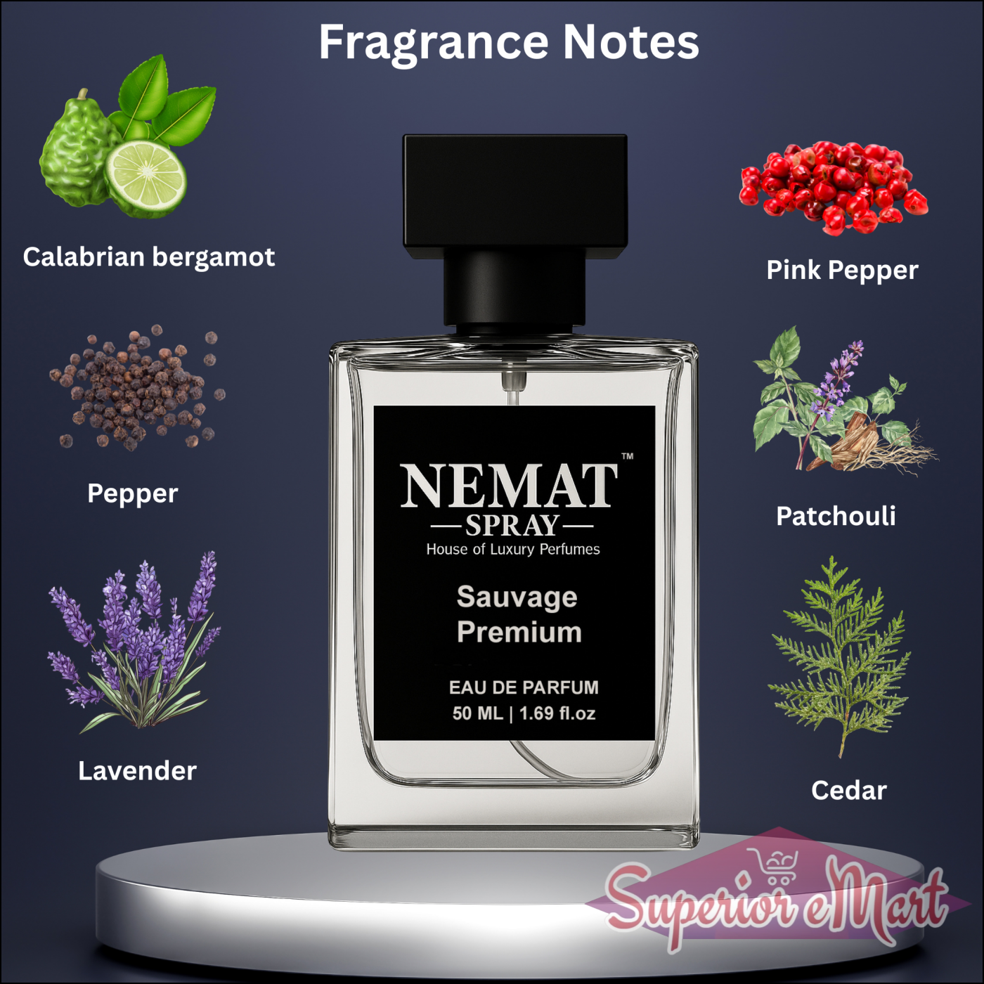 Nemat Sauvage Premium perfume bottle with notes: bergamot, pepper, lavender, pink pepper, patchouli, and cedar.