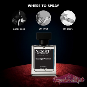 Nemat Sauvage Premium perfume bottle on red velvet. Guide shows spraying on collar bone, wrist, and elbow.