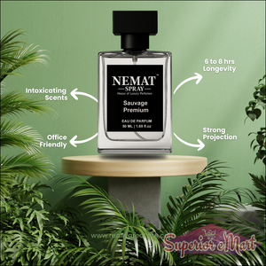 Nemat Sauvage Premium 50ml glass perfume bottle on a wood stand with green plants. 6-8hr longevity, office friendly.