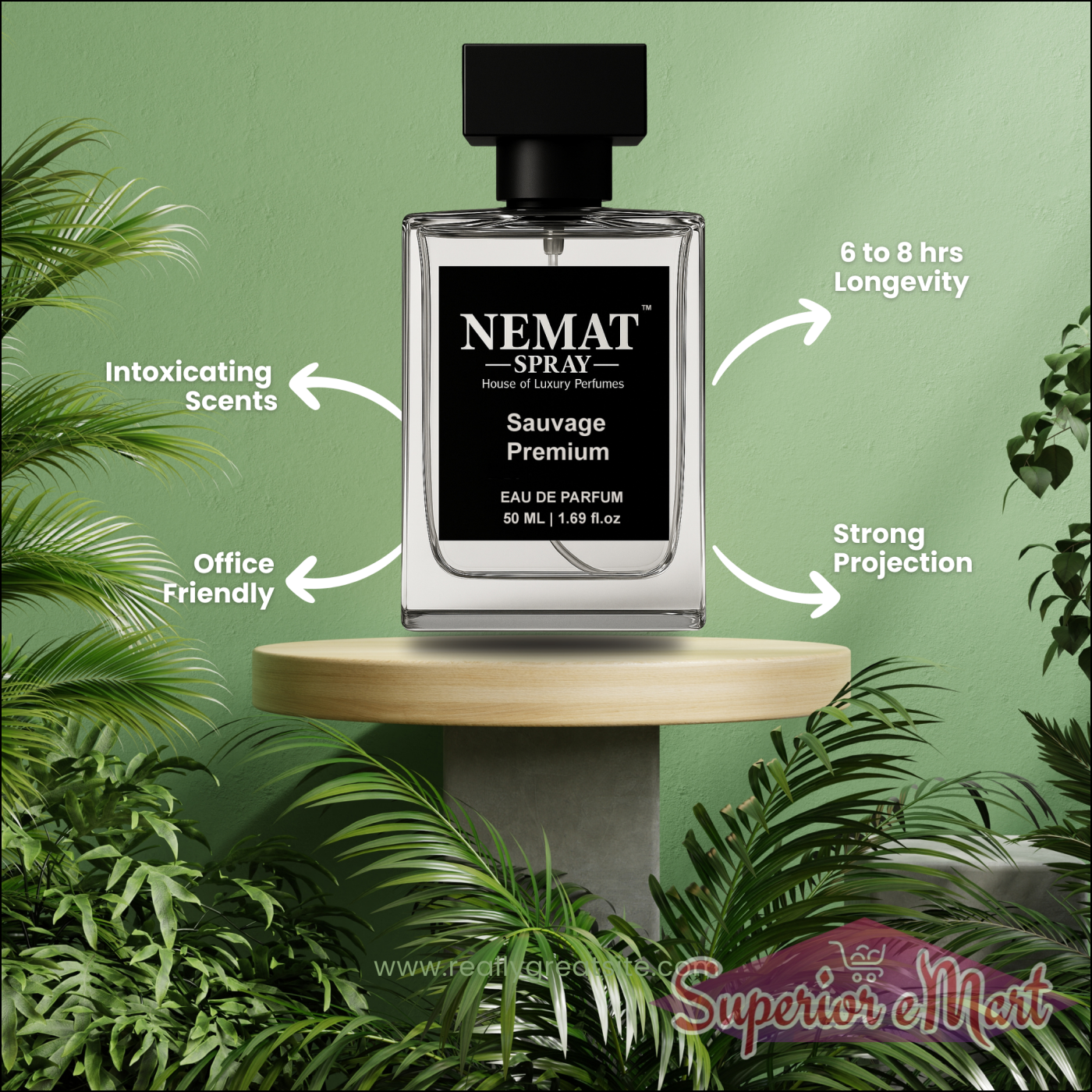 Nemat Sauvage Premium 50ml glass perfume bottle on a wood stand with green plants. 6-8hr longevity, office friendly.