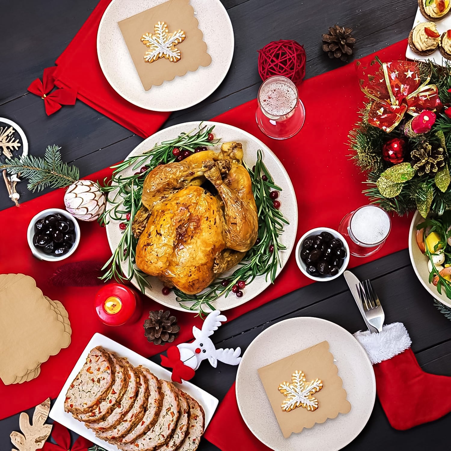 Elegant table setting with scalloped edge disposable napkins and a roast chicken centerpiece