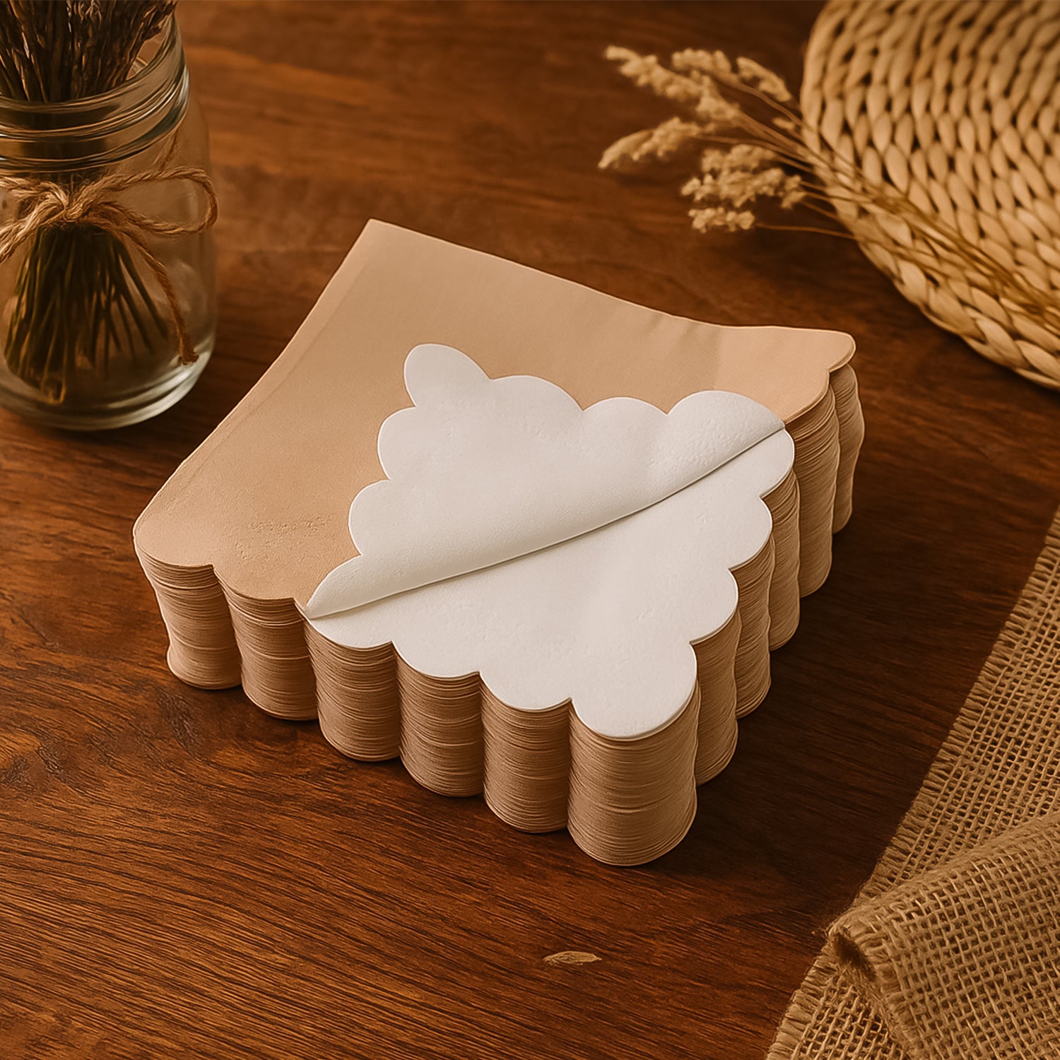Stack of scalloped edge disposable napkins in soft beige color for elegant table settings