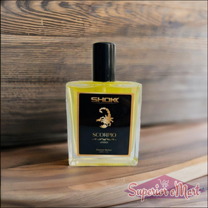 Scorpio Zodiac Unisex Perfume 50ml bottle with a sleek design on a wooden surface for zodiac enthusiasts